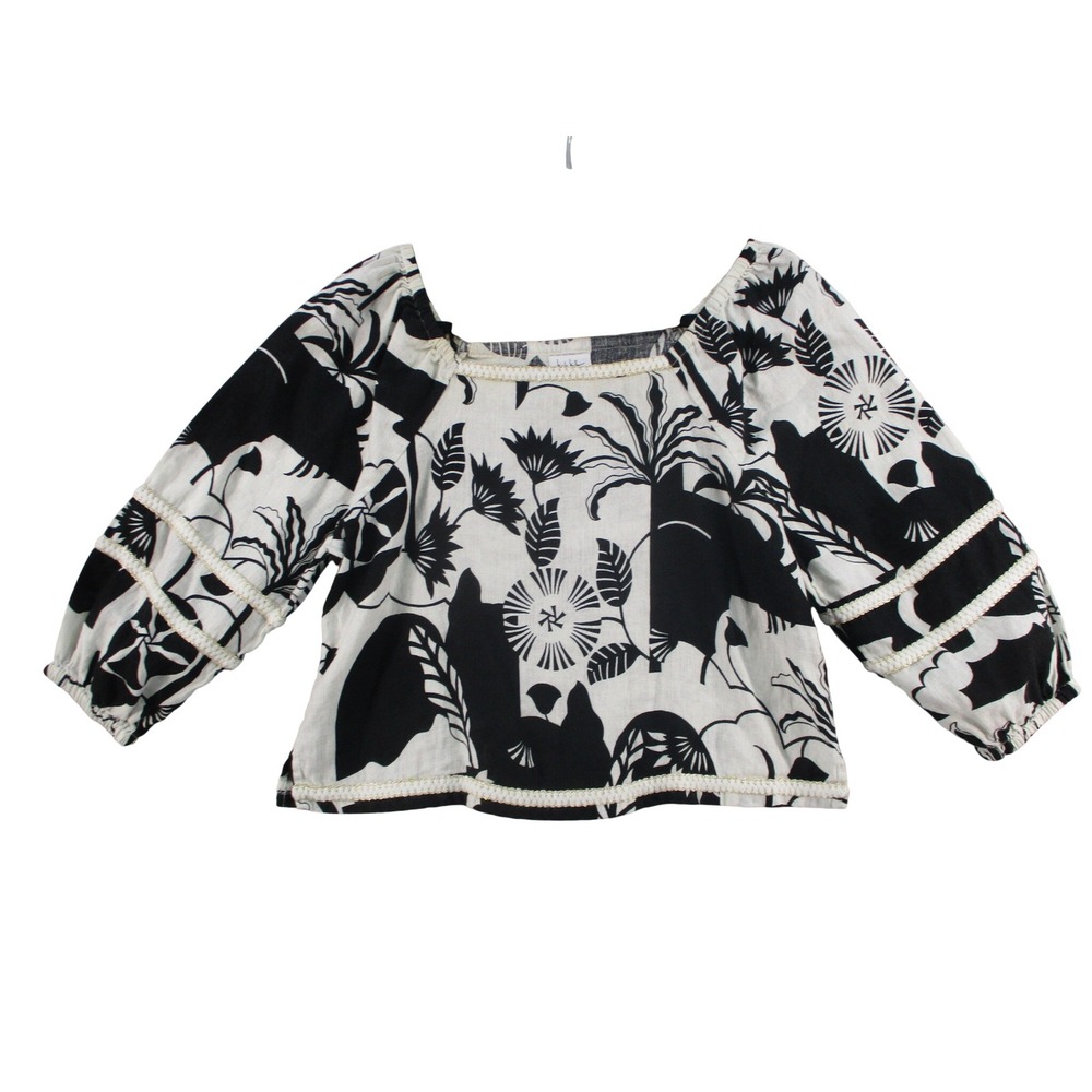 Nicole Miller New York Womens Linen Top Black White Tropical Floral Gold Trim M